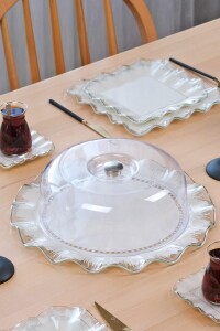 Kare Latte Şeffaf Platin Yuvarlak Kek Fanusu 31 Cm - Glore