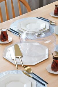 Sekizgen Krem Platin Yuvarlak Kek Fanusu 31 Cm - Glore