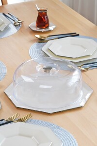 Sekizgen Krem Platin Yuvarlak Kek Fanusu 31 Cm - Glore (1)