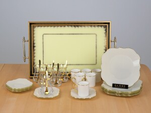 Solid Krem Lotus Altın 31 Parça Tepsili Pasta Seti - Glore